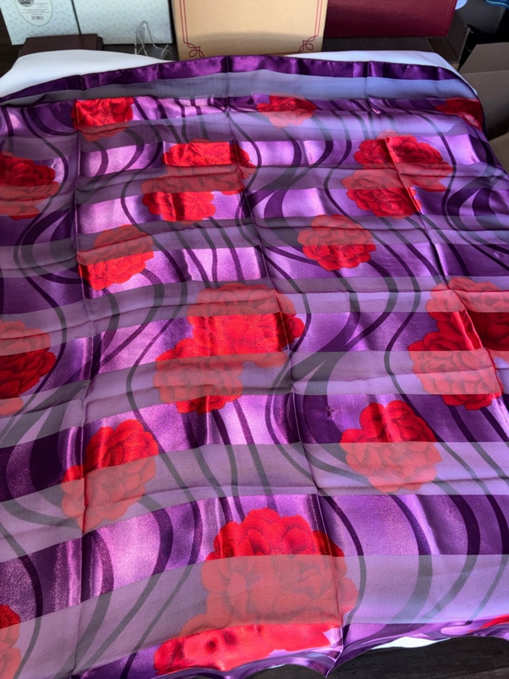Luxe Violet Silk-Blend Scarf with Crimson Rose Motif 38” x 38” - Picture 2 of 2